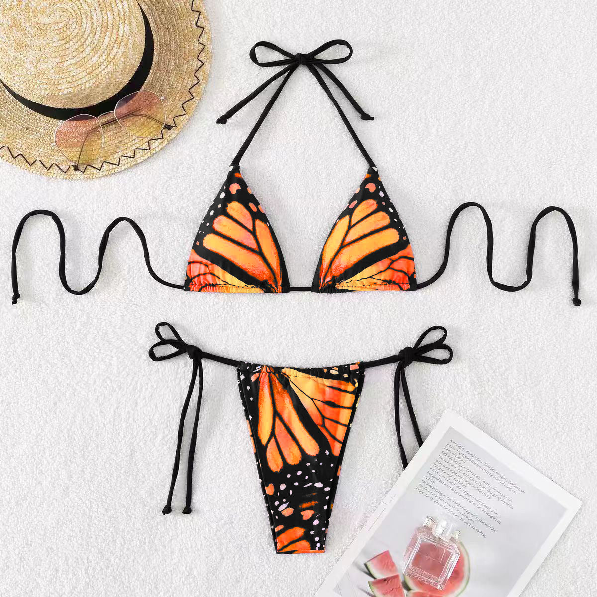 Bikini sexy con cuello halter y estampado de mariposas para mujer