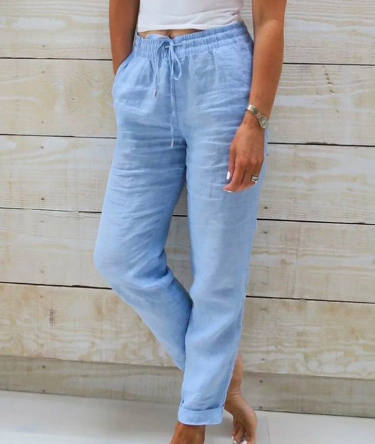 Women Casual Solid Color Cotton And Linen High-Waist Lace-Up Pants