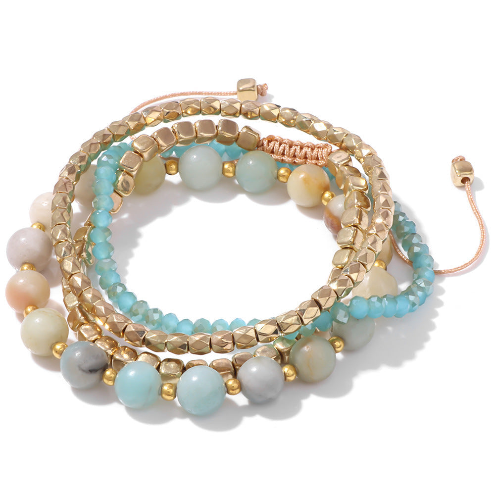 Conjunto de pulseras de cuentas doradas con piedra de pino estilo bohemio para mujer