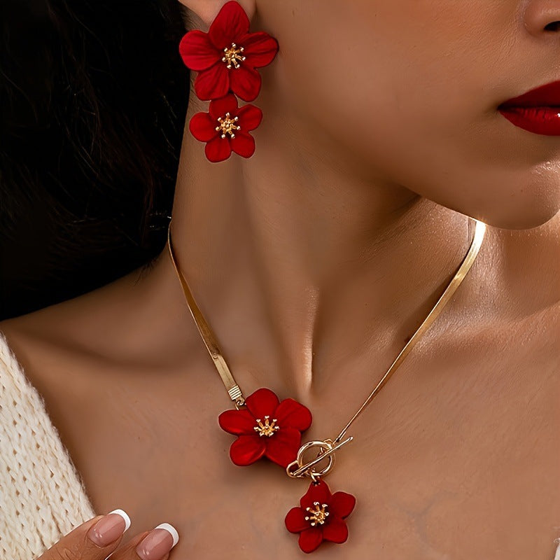 Elegant Alloy Floral Pendant Necklace Earrings Set - Fashion Jewelry