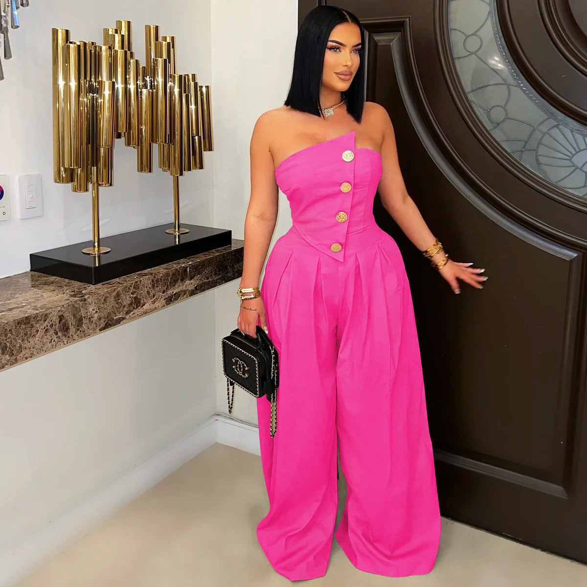 Women Fashion Solid Color Strapless Jumpsuits