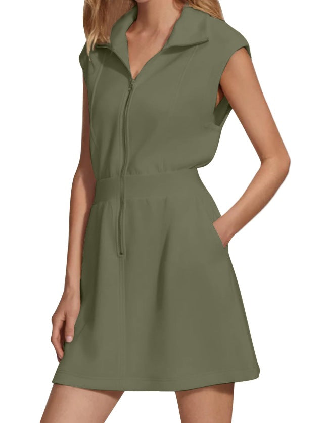 Women Casual Solid Color Sleeveless Dress with Lapel Zipper Pockets