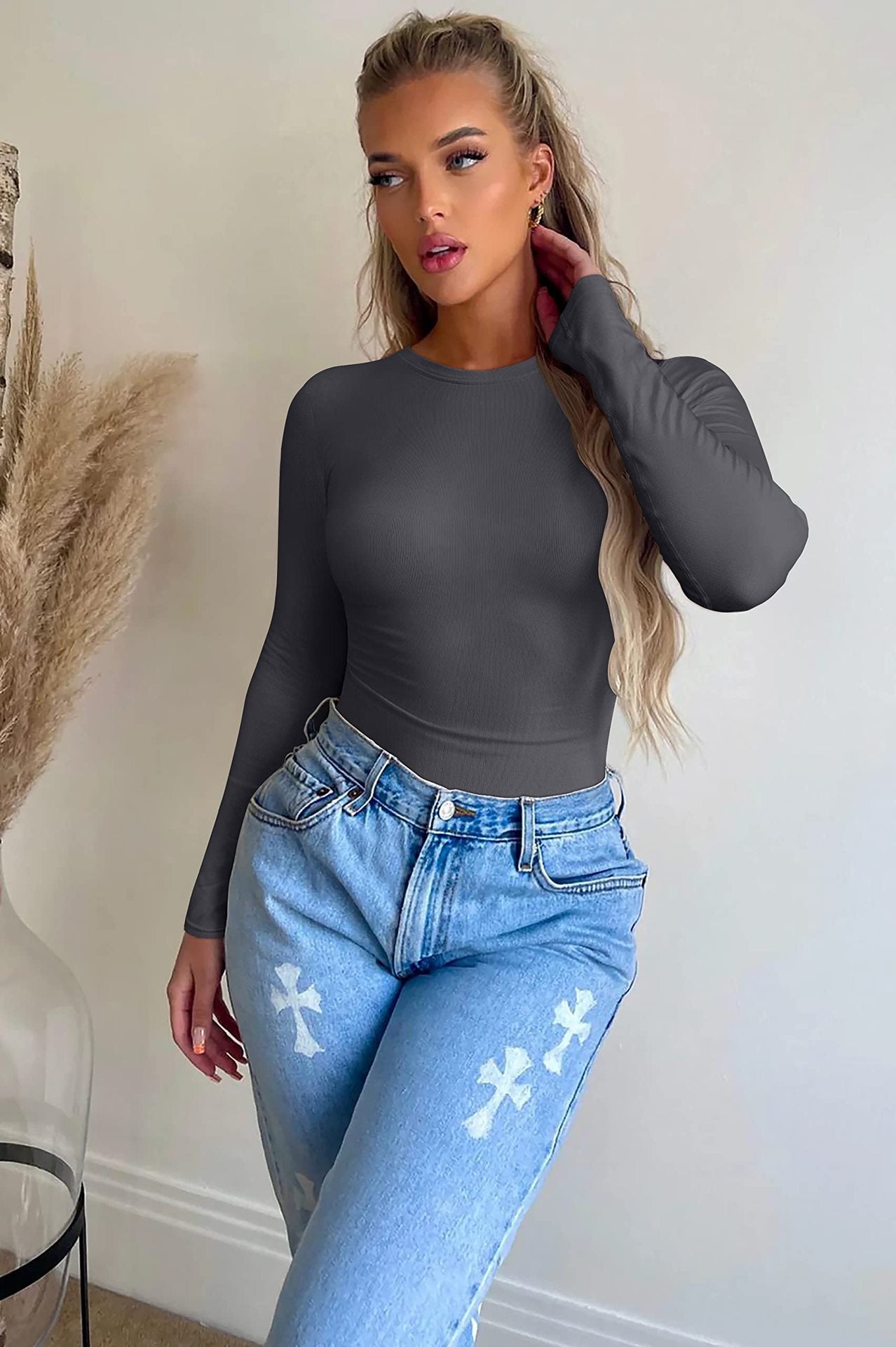 Women Fashion Solid Color Long Sleeve Blank T-Shirt