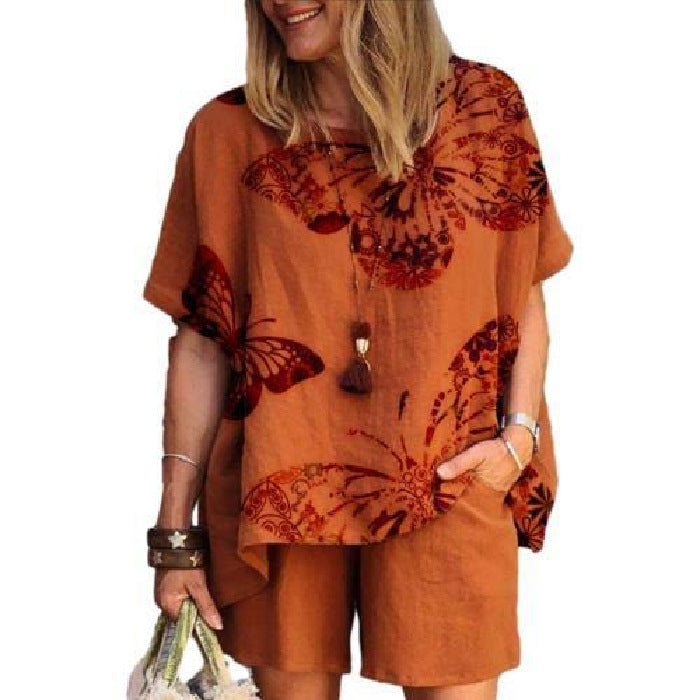 Women's Fashion Geometric Fawn Cotton and Linen Two-Piece Set