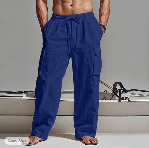 Men Casual Cotton Linen Multi-Pocket Pants