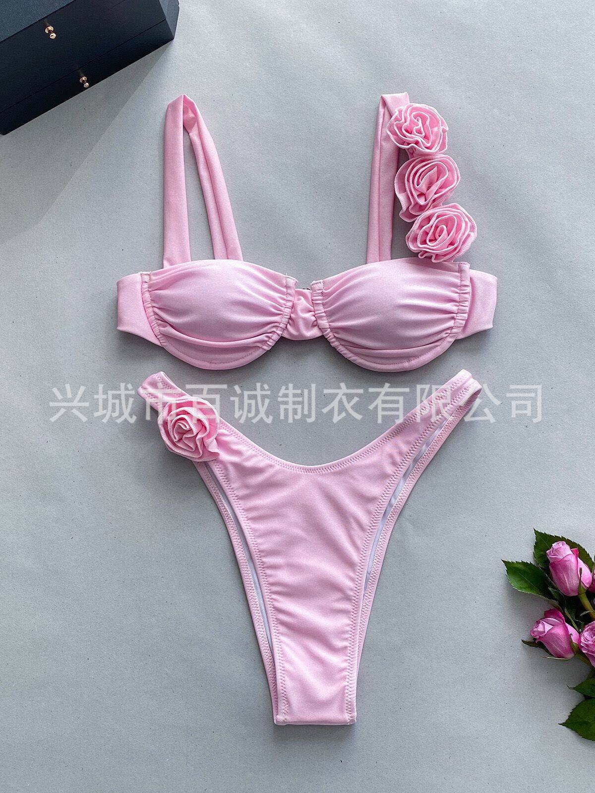 Conjunto de bikini sexy con tirantes rosas de color liso para mujer