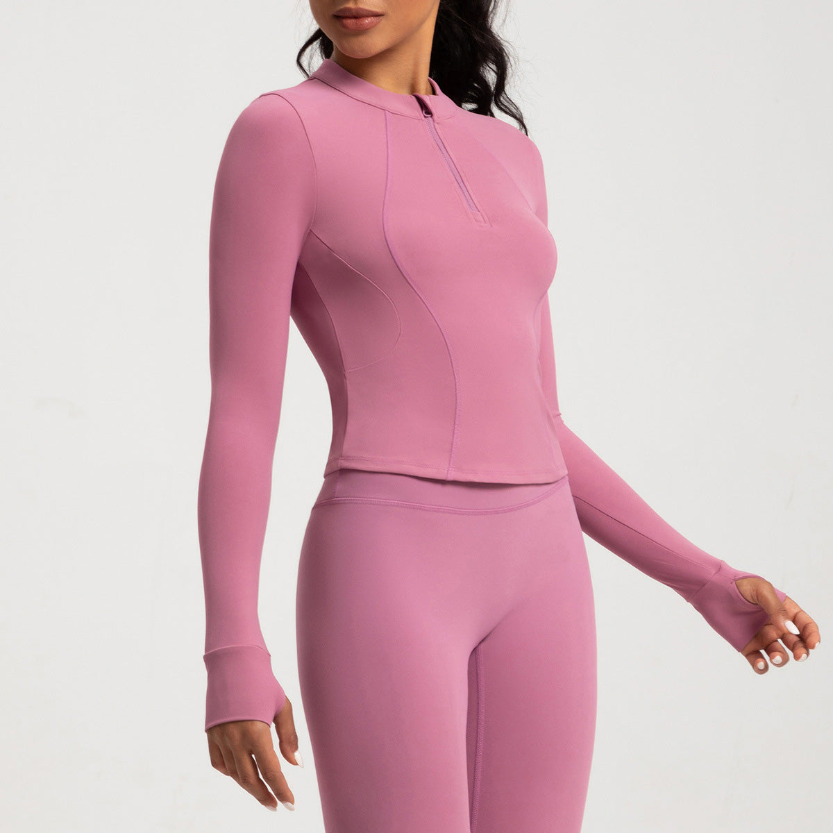 Women Fashion Solid Color Long Sleeve Half Zipper Yoga Top