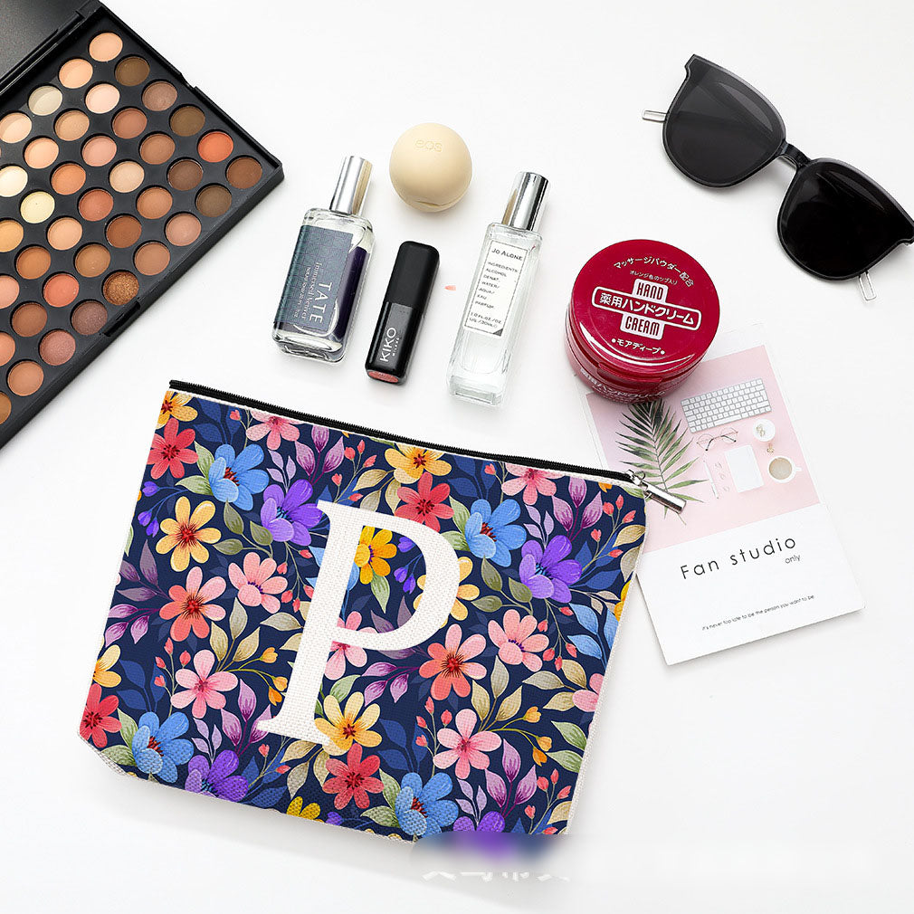 Bolsa de cosméticos pequeña con diseño floral, impermeable, de algodón y lino
