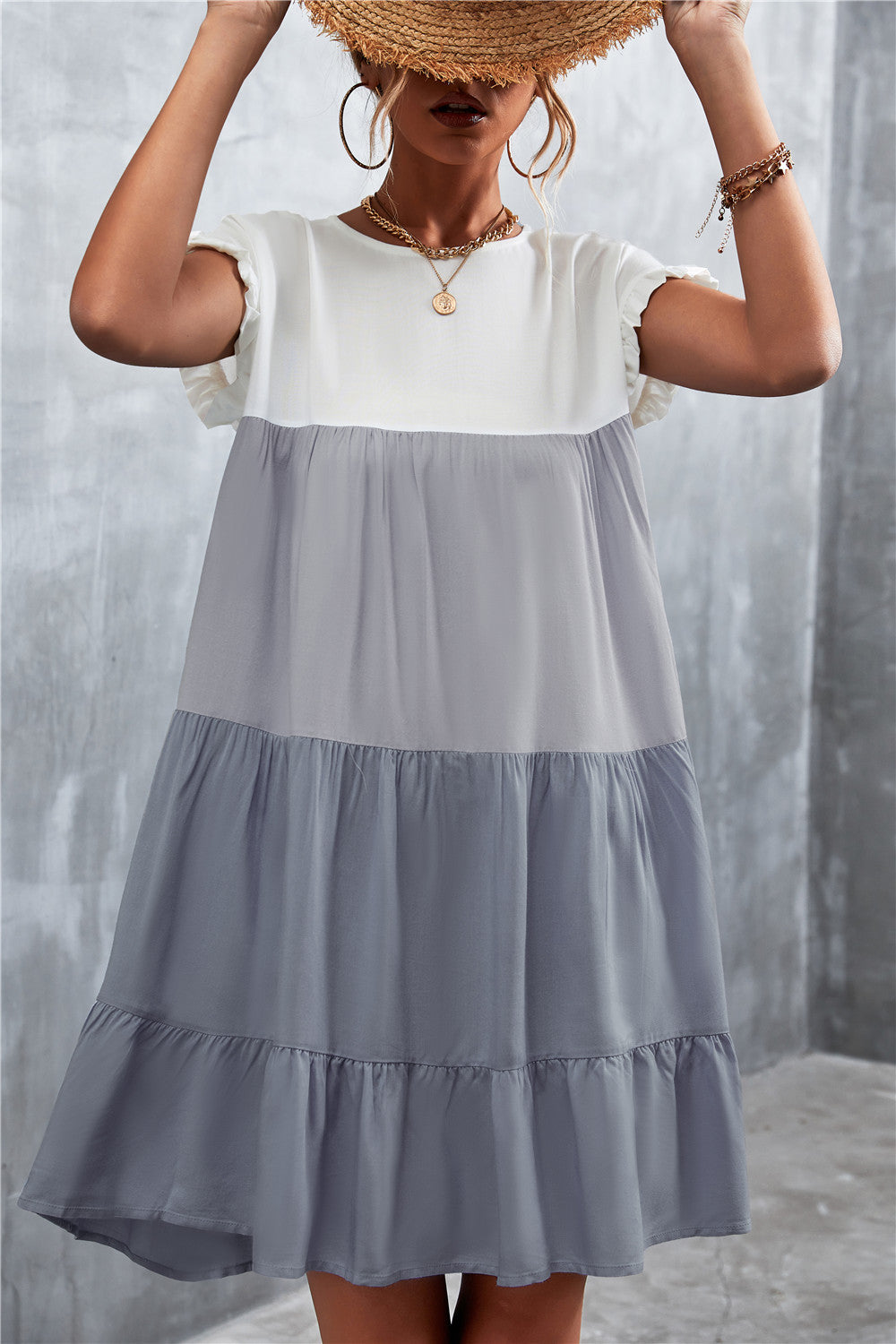 Women Bohemian Summer Short Sleeves Color Blocking Ruffled Dress