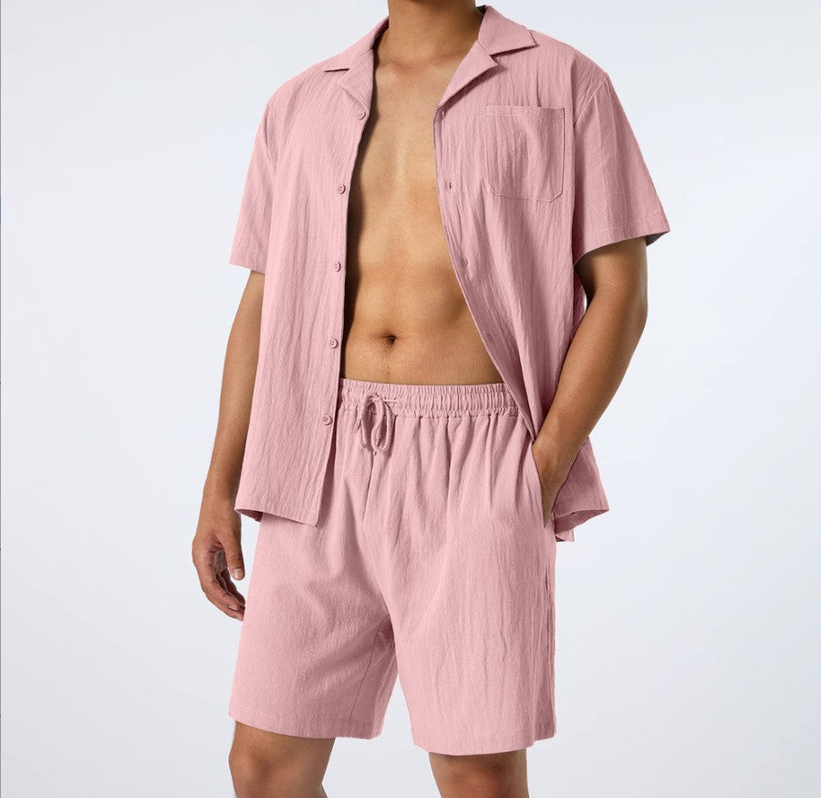 Conjunto informal de dos piezas de lino y algodón de manga corta para hombre