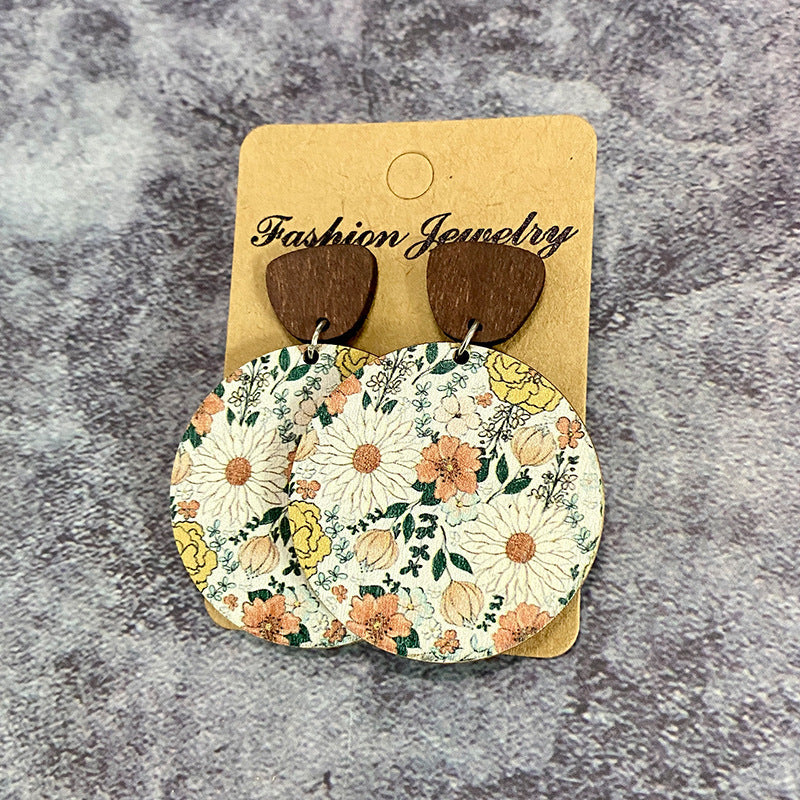 Boucles d'oreilles bohèmes rétro en bois avec coutures florales