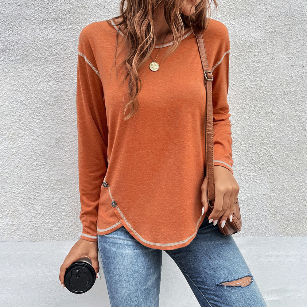 Women Simple Solid Color Button Irregular Round Neck Long Sleeve Blank T-Shirt