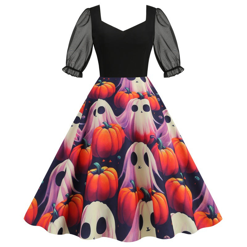 Halloween Party Mesh Sleeve Vintage Printed Dress