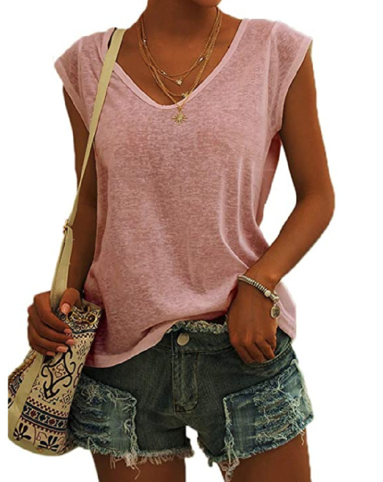 Summer Women Simple Solid Color V-Neck Blank T-Shirt