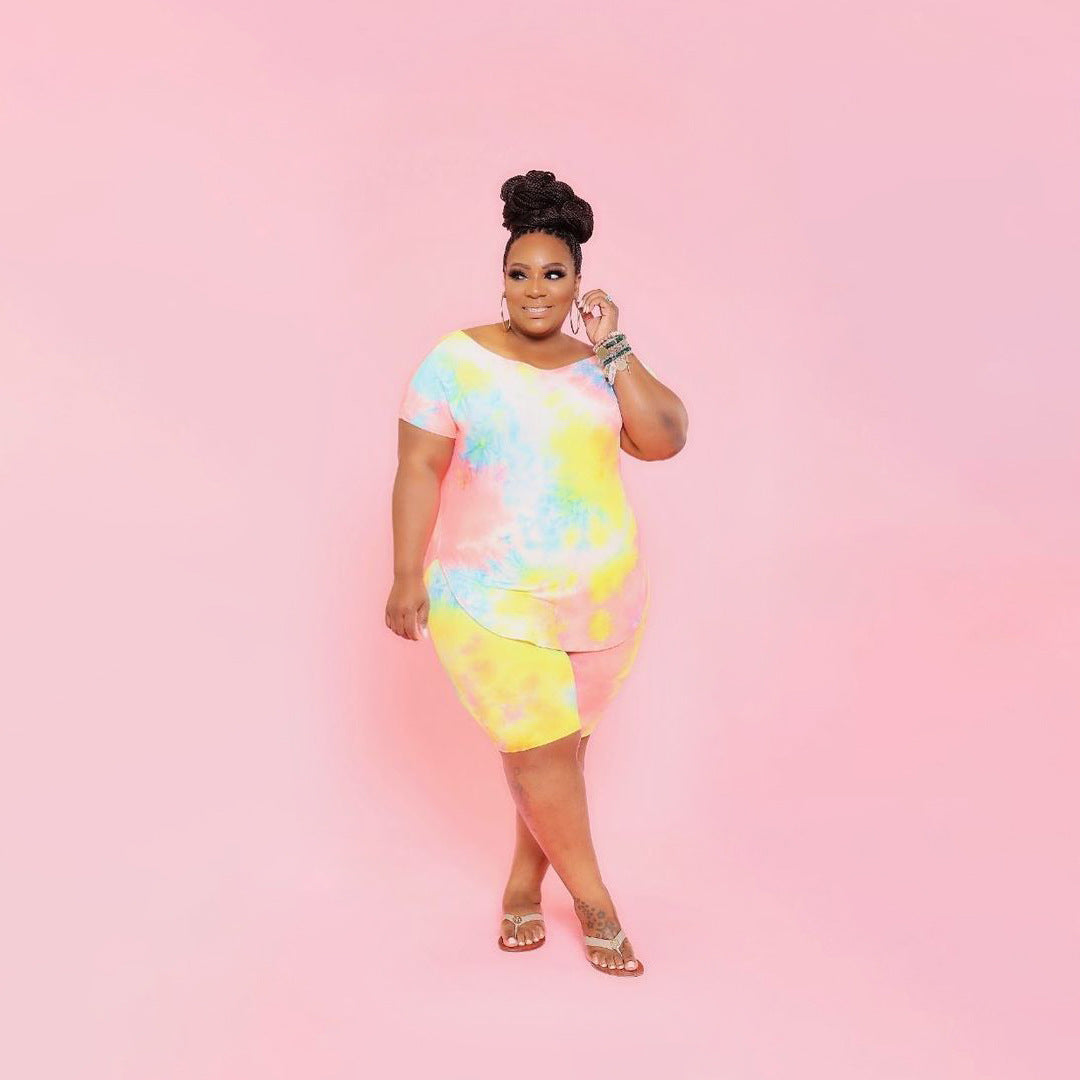 Women Casual Plus Size Tie-Dye Short-Sleeve T-Shirt Tight Shorts Two-Piece Set