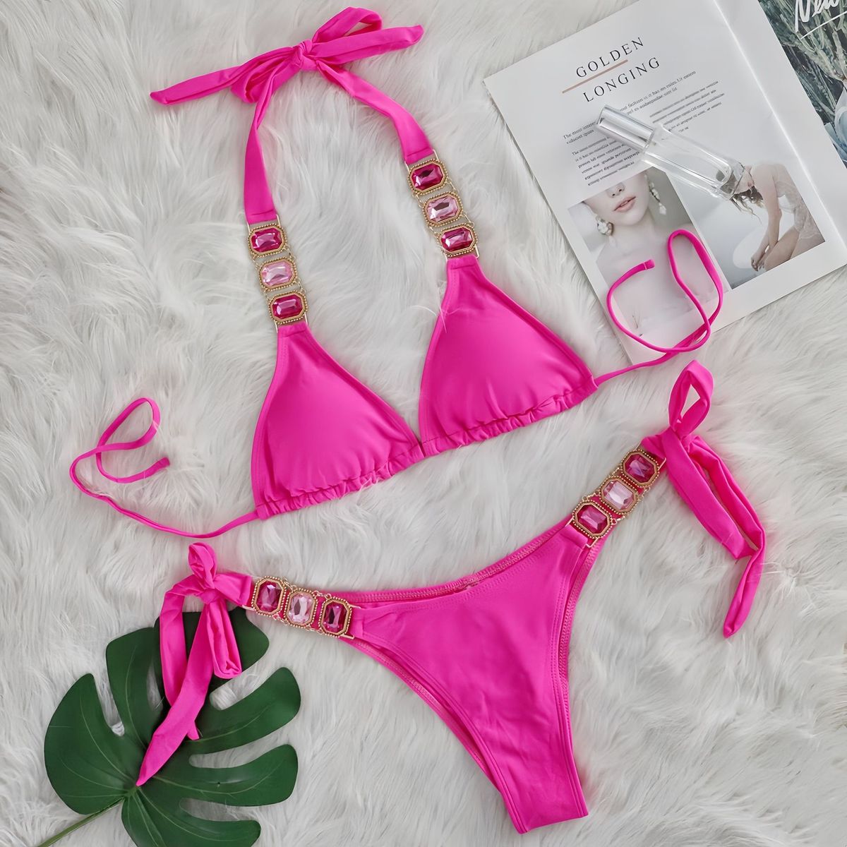 Bikini sexy con tirantes de diamantes de imitación de color sólido para mujer