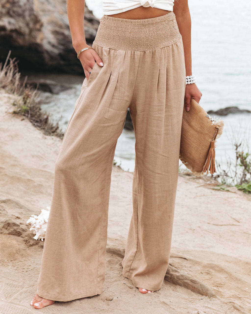 Pantalones anchos de lino y algodón para mujer con bolsillos