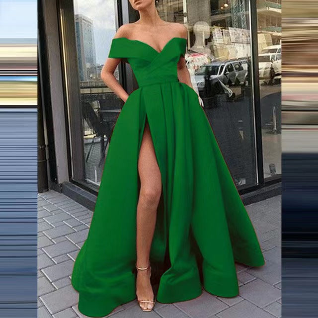 Women Sexy Elegant Satin Deep V-Neck Off Shoulder Party Dress
