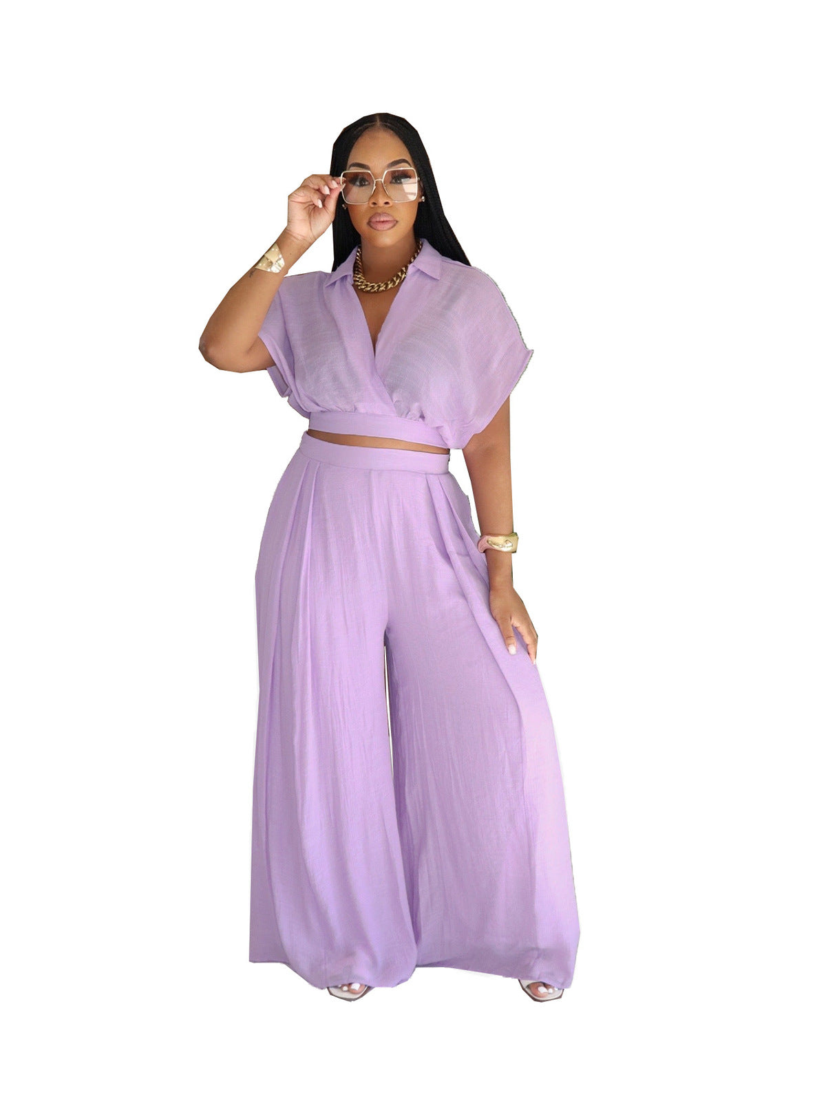 Women Fashion Casual Solid Color Two-Piece Set
