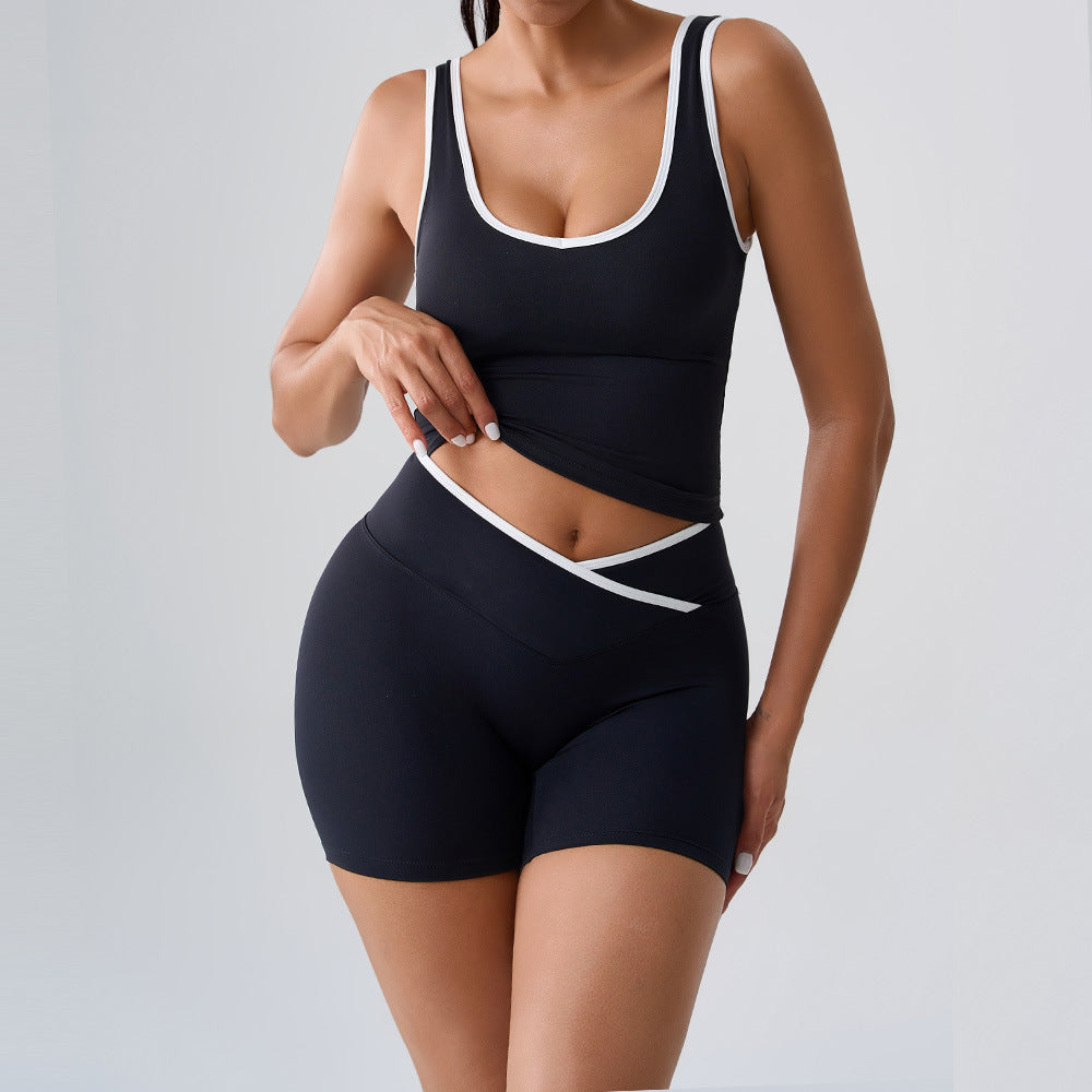 Ensemble deux pièces décontracté pour femme, débardeur contrasté et short taille haute - Yoga dos nu