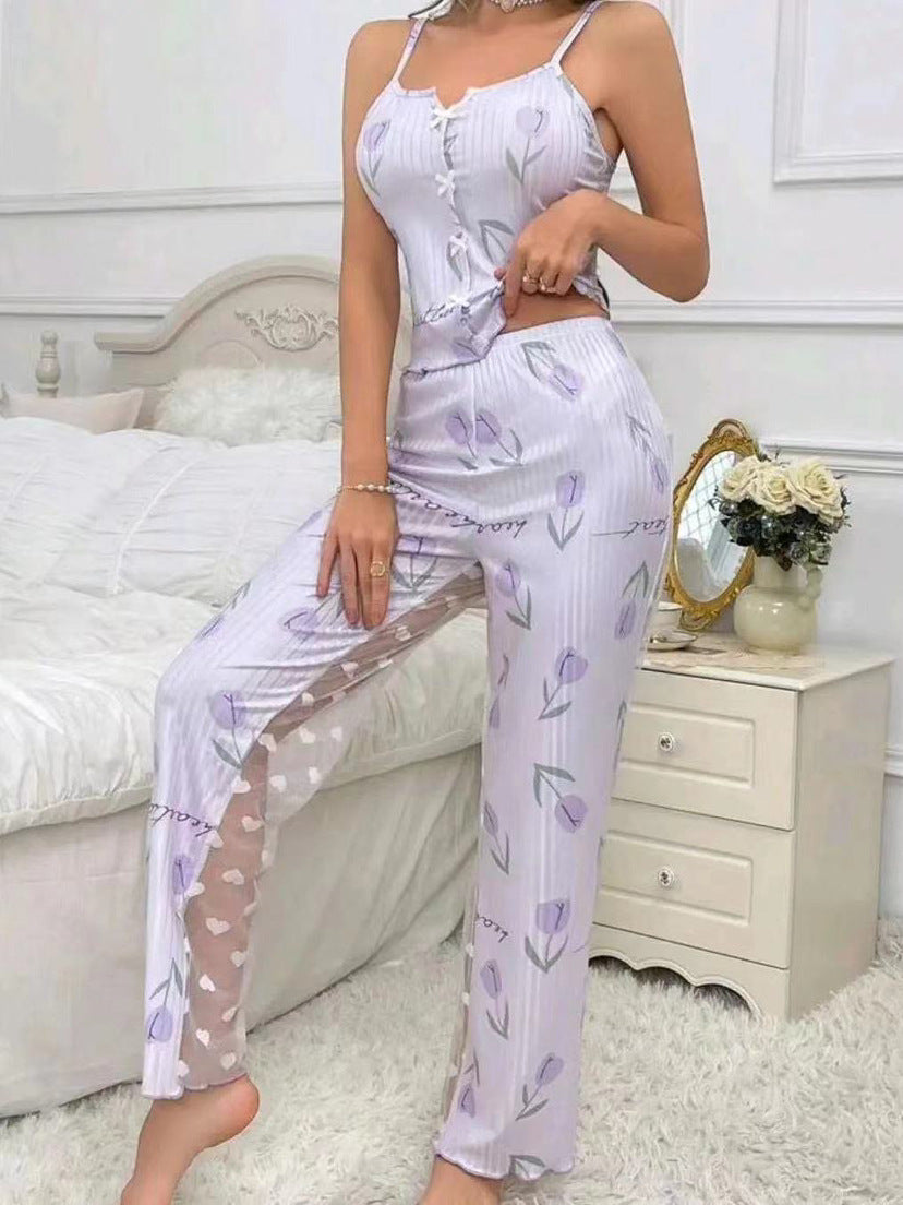 Conjunto de pijama sexy con camisola estampada y pantalones empalmados para mujer