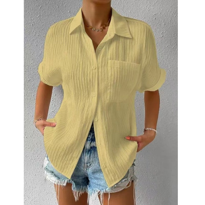 Women Casual Solid Color Cotton Blend Blouse