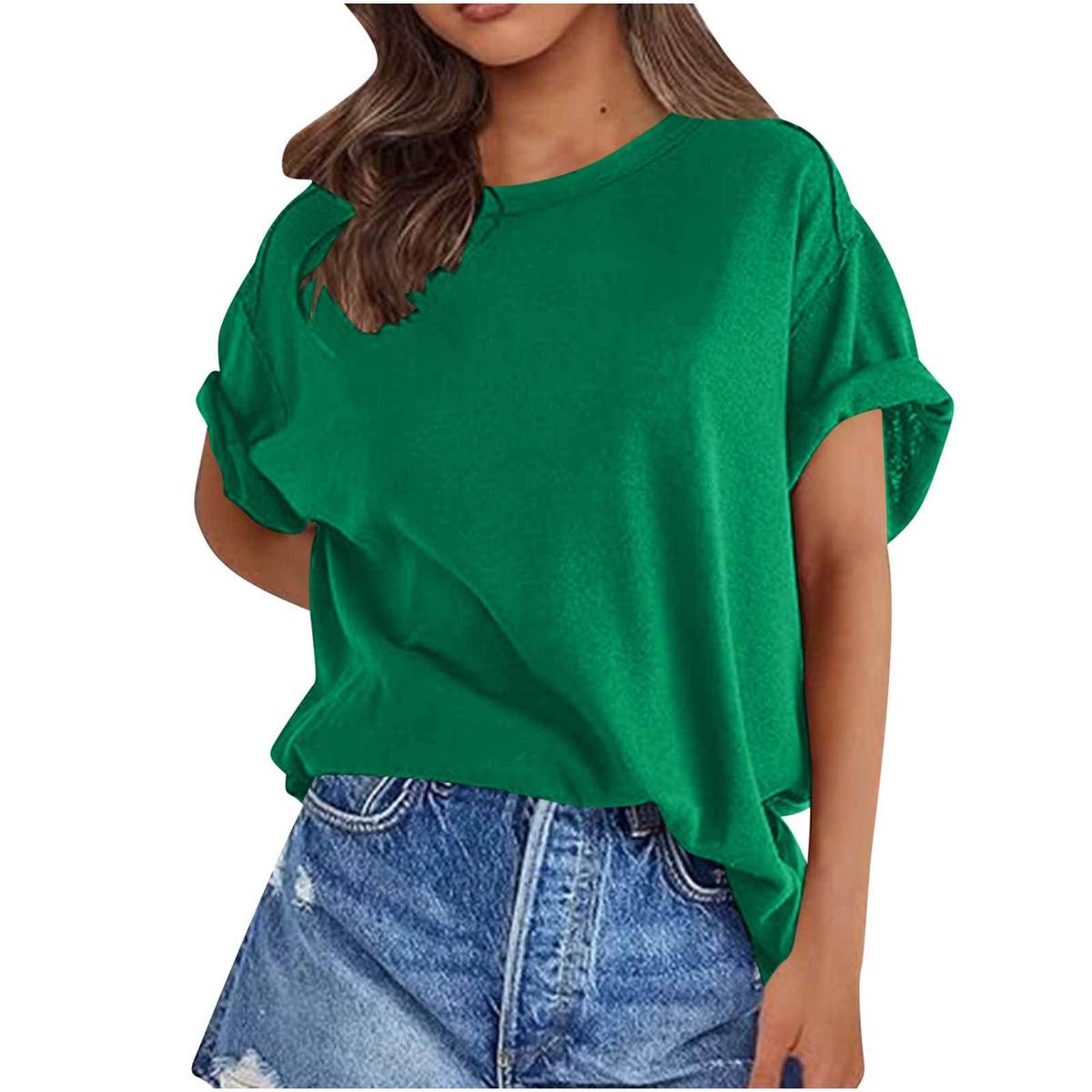 Camiseta holgada de manga corta con cuello redondo y color liso para mujer
