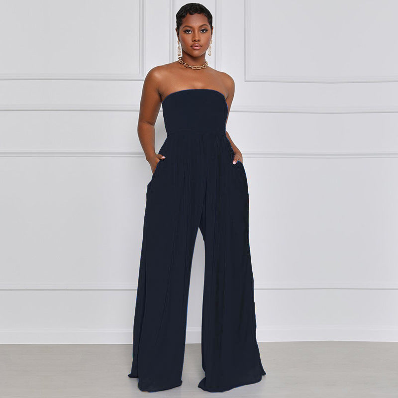 Women Fashion Casual Solid Color Chiffon Sleeveless Wide Leg Jumpsuit