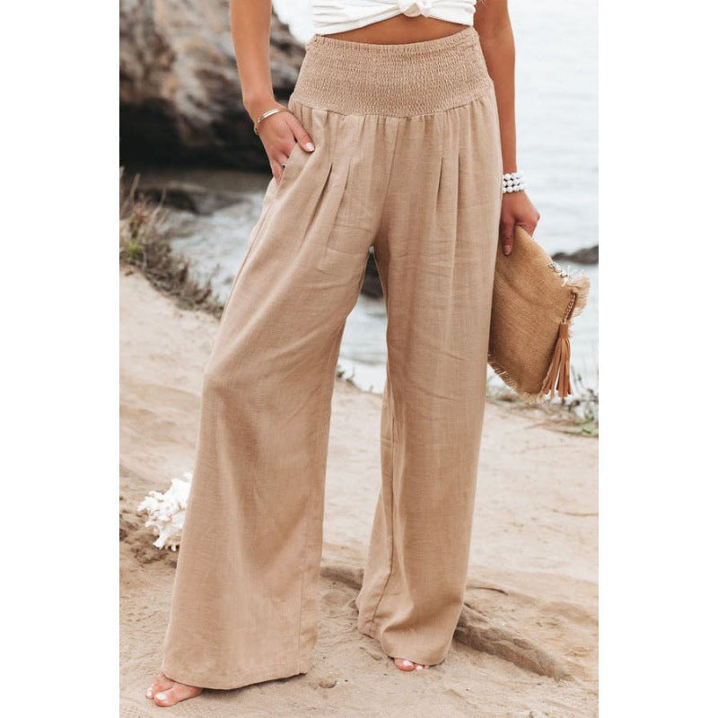 Women Fashion Casual Solid Color Cotton Linen Wide Leg Pants