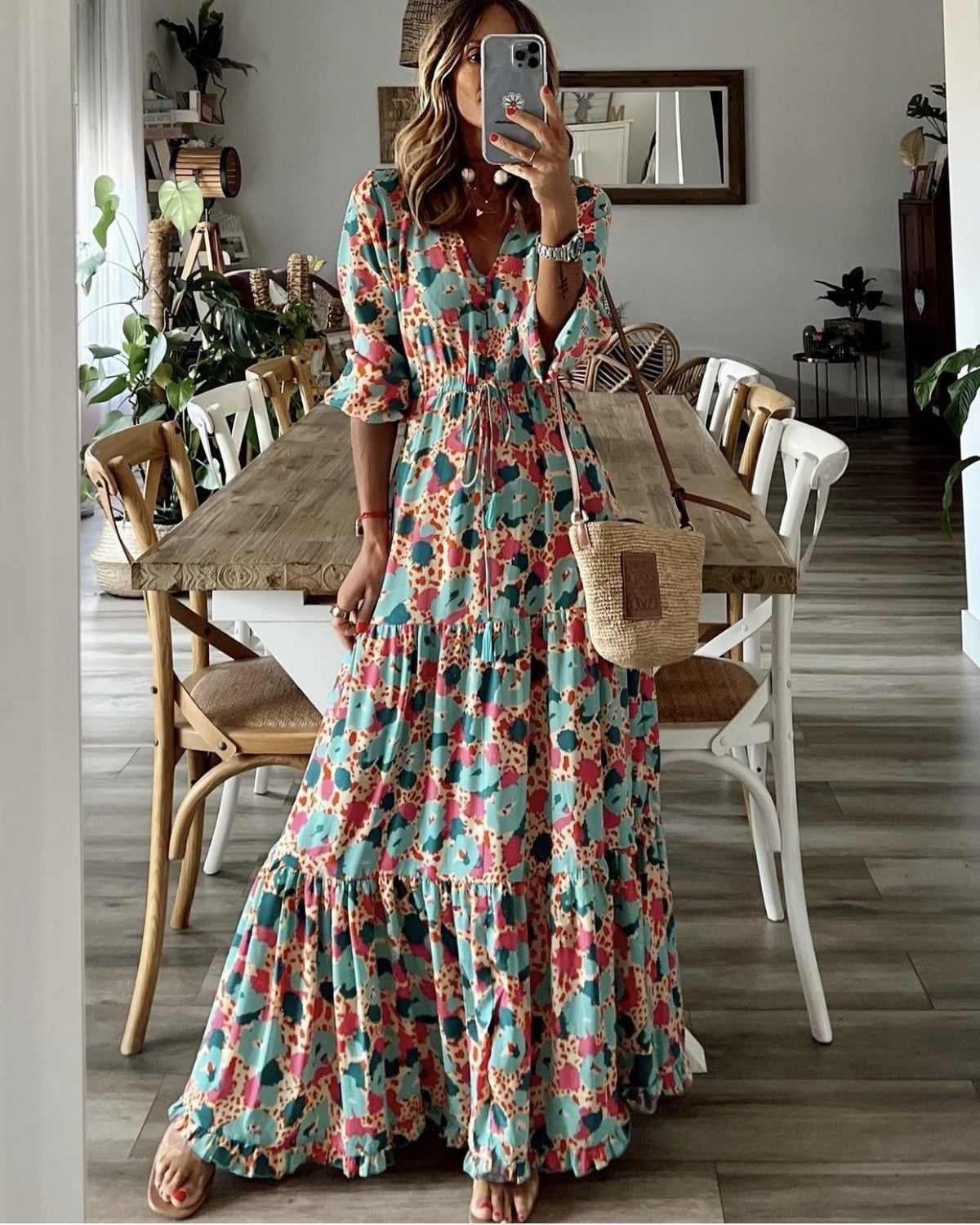 Vestido elegante de manga larga con cuello en V y estampado bohemio para mujer