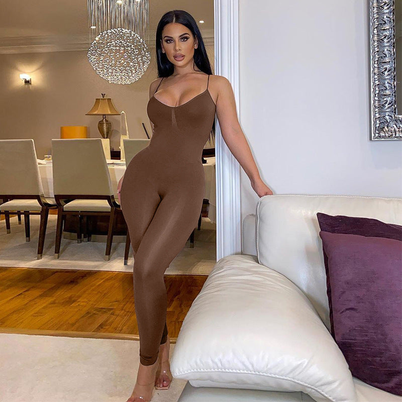 Combinaison de yoga à bretelles spaghetti pour femme avec taille élastique