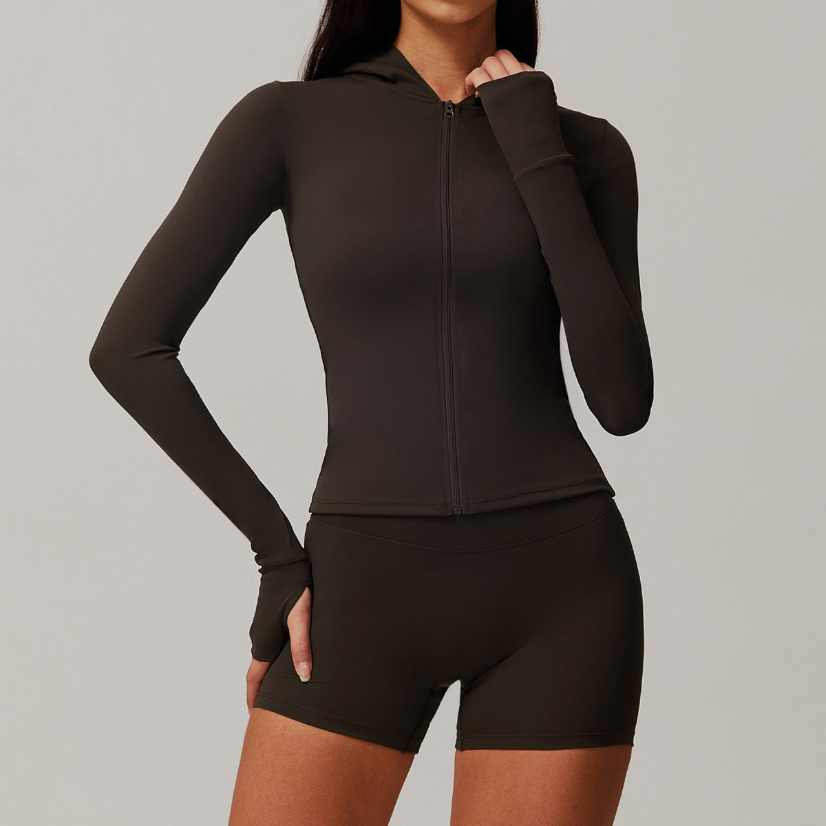 Sweat à capuche décontracté à manches longues et fermeture éclair pour femme, couleur unie, idéal pour le yoga