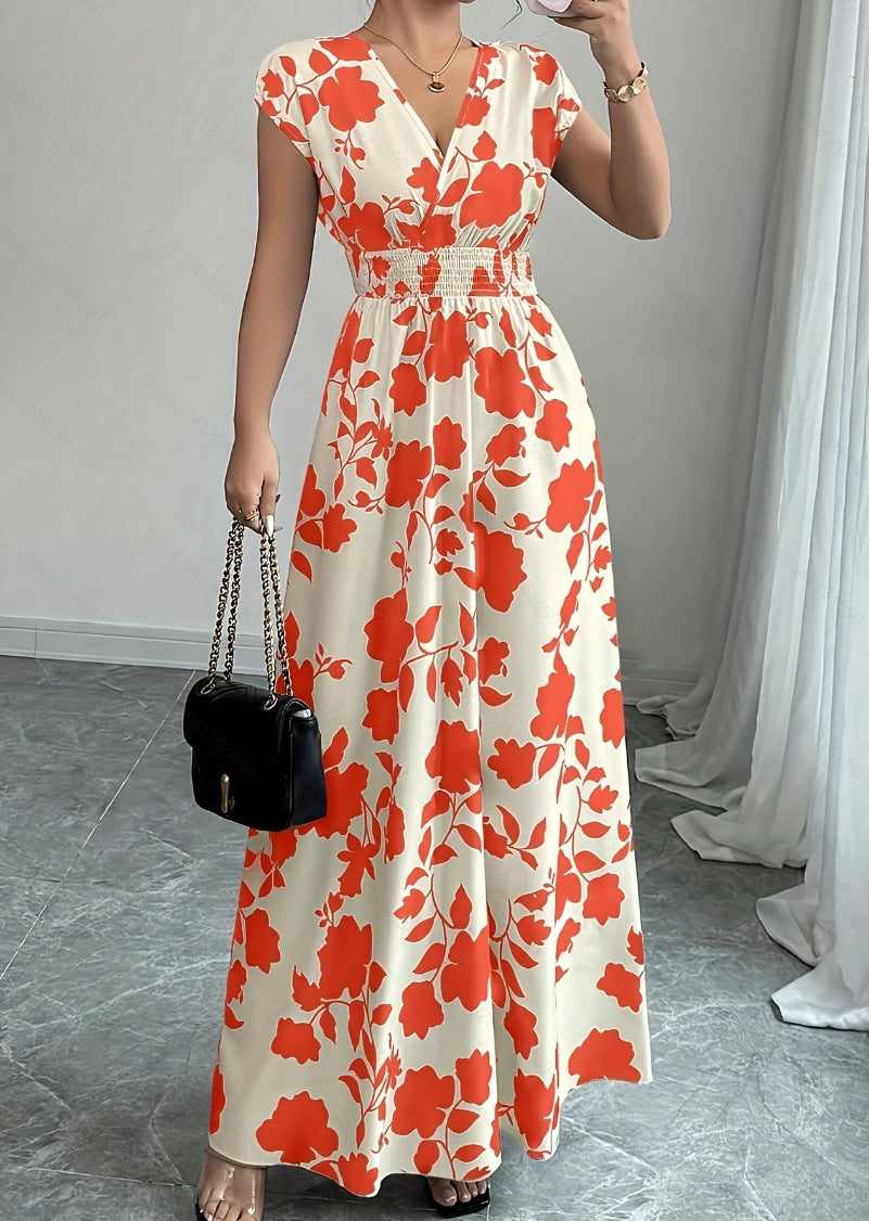 Women Fashion Elegant Floral Printed V-Neck Dress