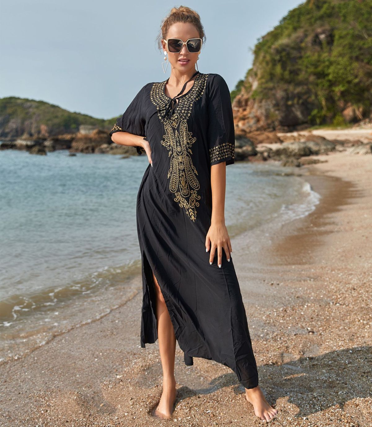 Vestido playero bohemio bordado para mujer, estilo vacaciones