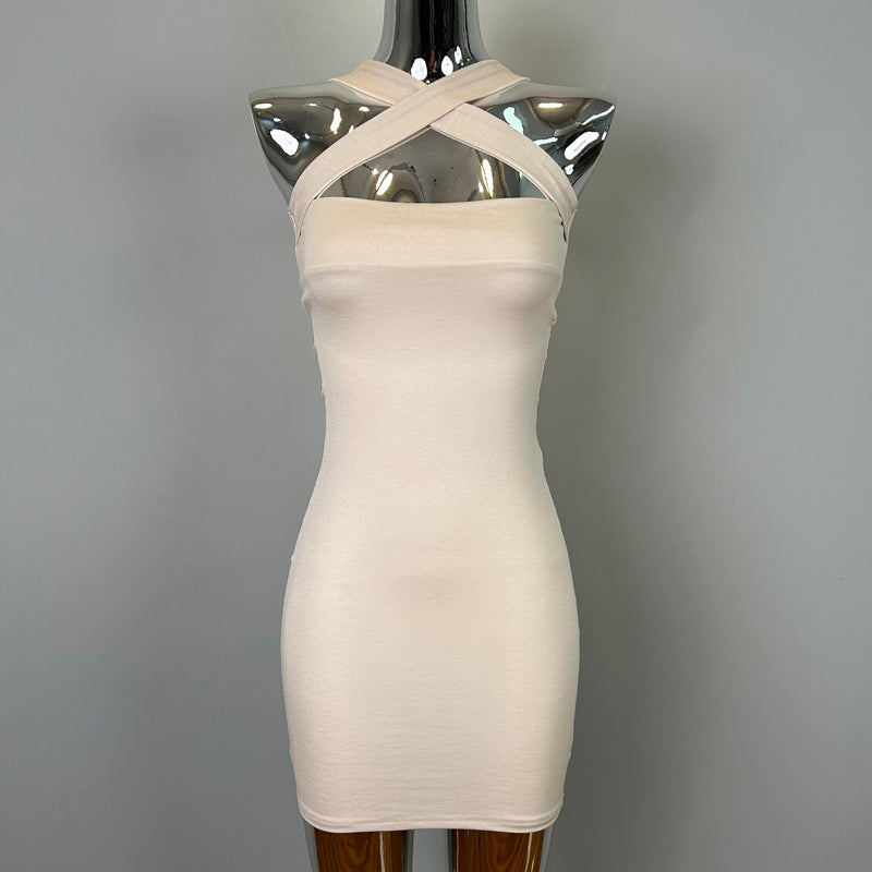 Women Fashion Sexy Solid Color Halter Neck Dress