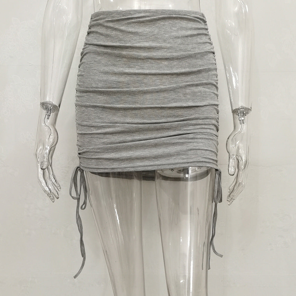 Women Fashion Solid Color Drawstring Pleated Skirt