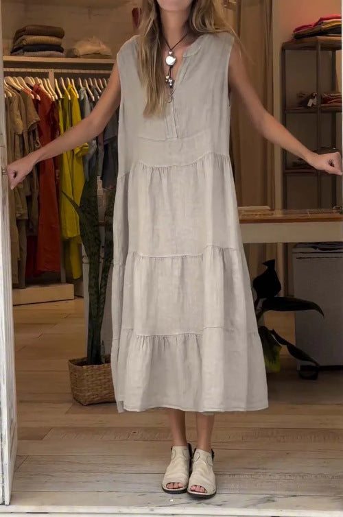 Vestido largo informal de verano para mujer, color liso, con cuello en V