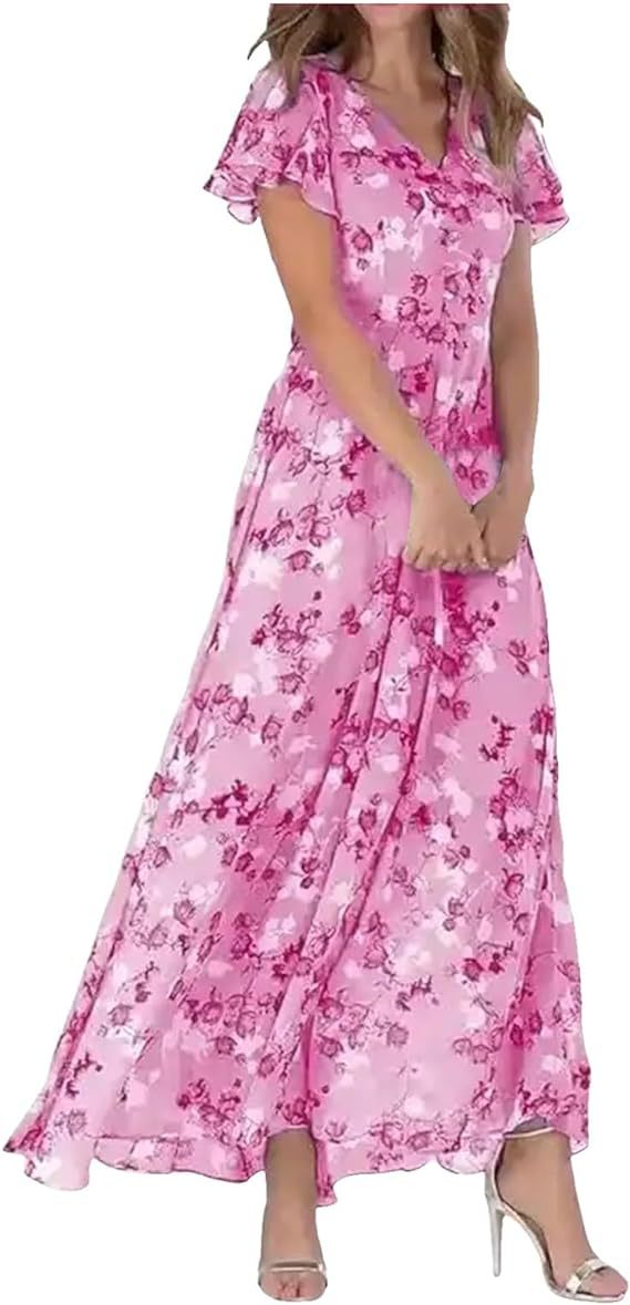Women Fashion Casual Flower Printed Chiffon Dress