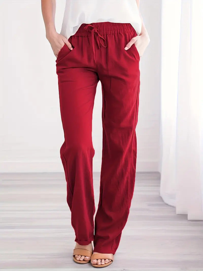 Pantalones casuales de algodón y lino de color sólido para mujer
