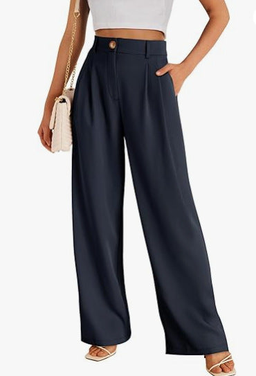 Pantalones casuales de pierna ancha para mujer, estilo poliéster de cintura alta