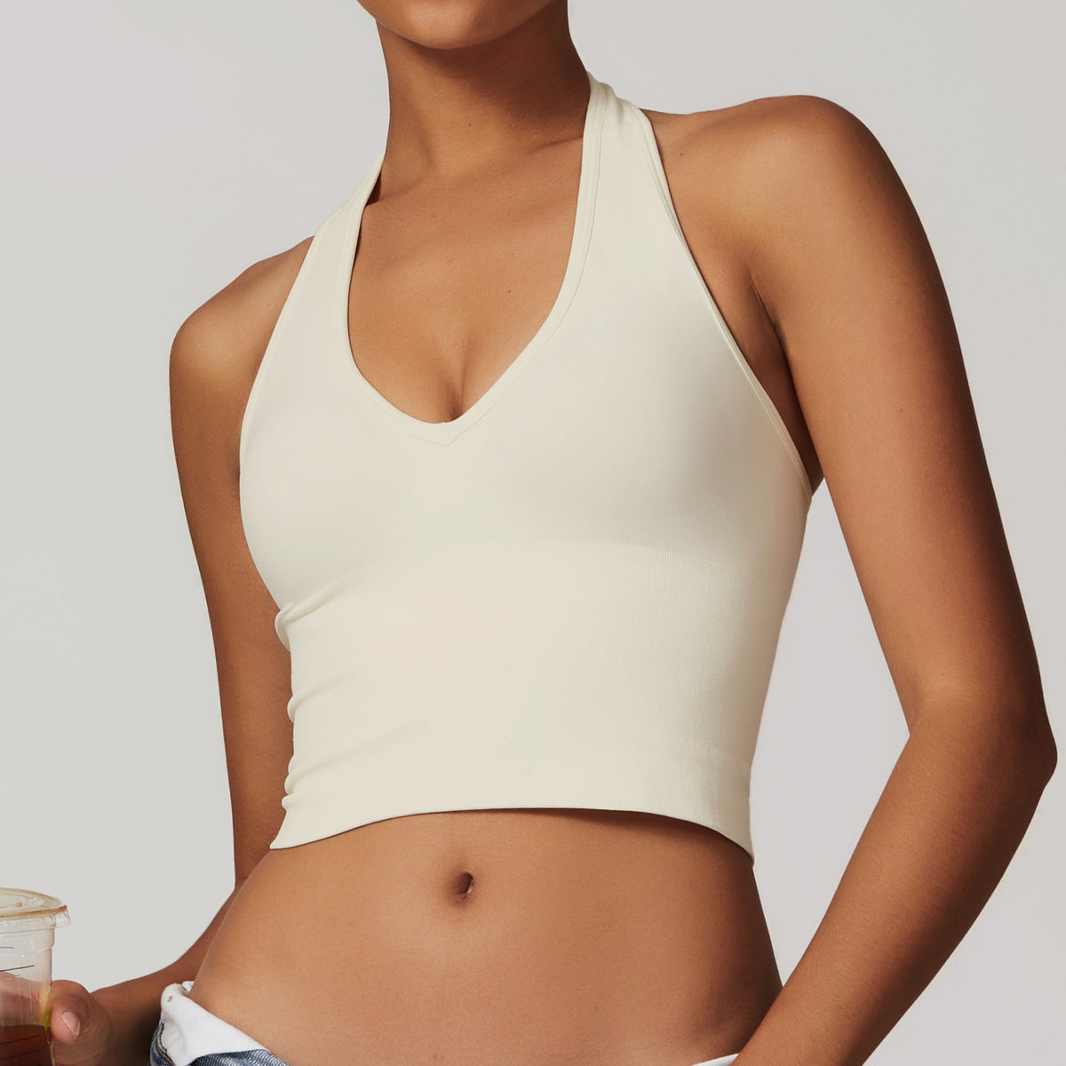 Soutien-gorge de sport sexy à col licou pour femme, couleur unie