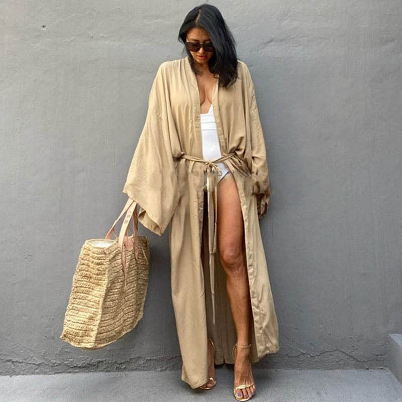 Vestido playero informal de manga larga con cordones para mujer