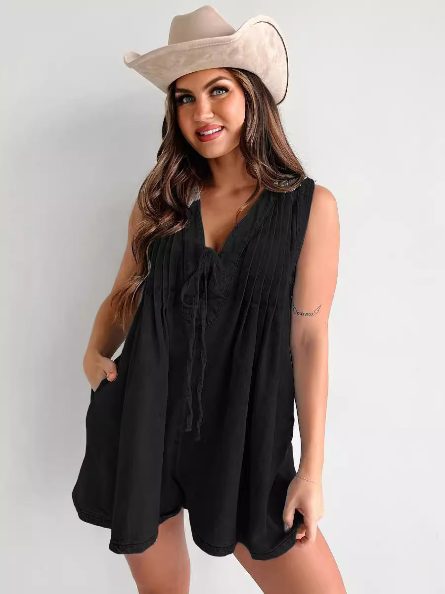 Combinaison en jean ample sans manches à col en V et couleur unie pour femme