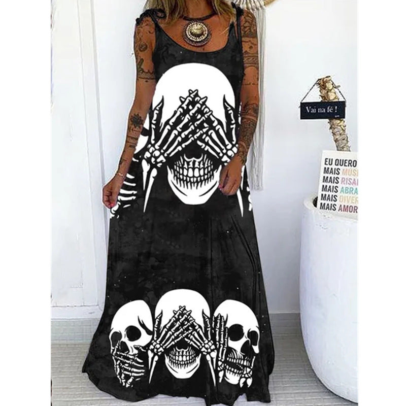 Vestido largo holgado con estampado de calavera de Halloween para mujer, estilo bohemio informal