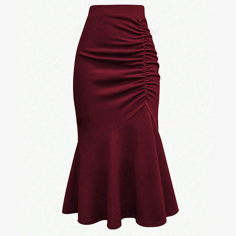 Women Casual Solid Color Pleated Fishtail Midi Skirt