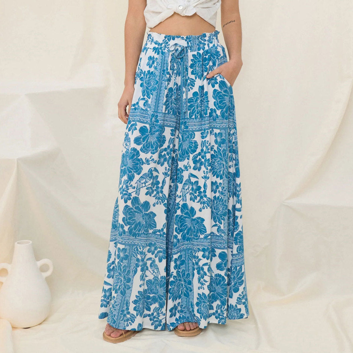 Pantalon large décontracté à imprimé floral style bohème pour femme