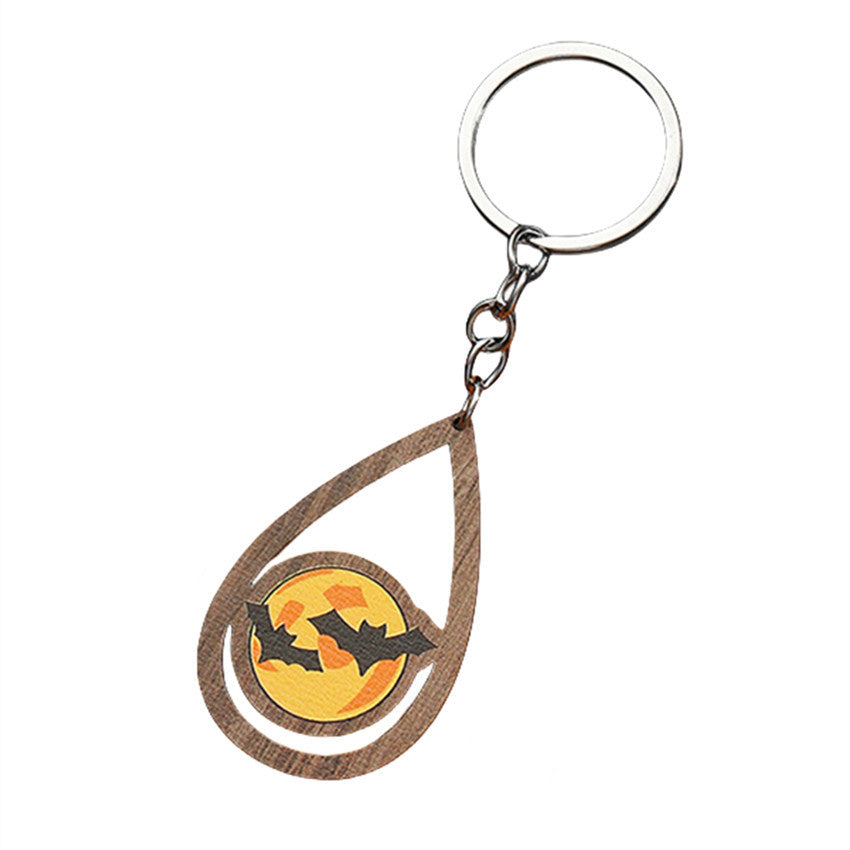 Halloween Women Cartoon Ghost Bat Pumpkin Wooden Keychain