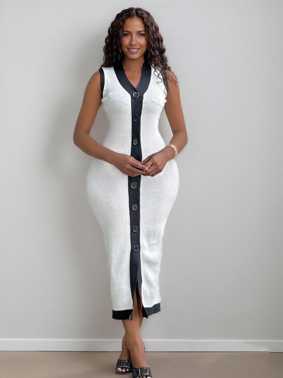 Women Fashion Casual Contrast Color Knitted V-Neck Dress