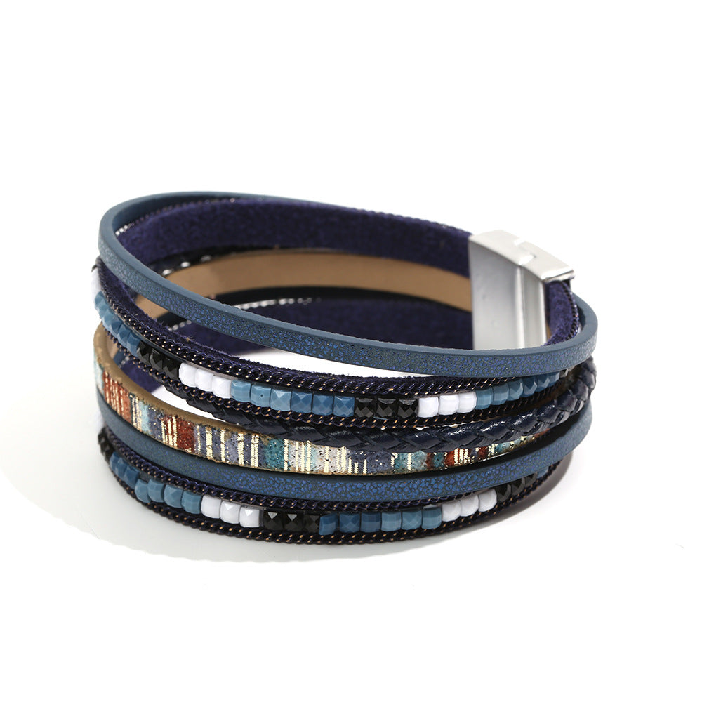 Pulsera bohemia de cuero multicapa con hebilla magnética
