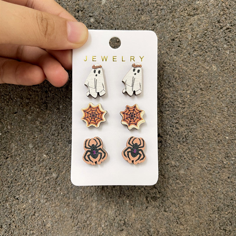 Halloween Women Wooden Earrings Set with Pumpkins Bats Ghosts